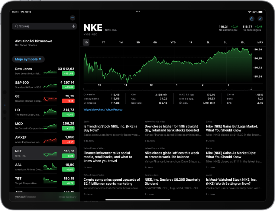 Ekran aplikacji Giełda w orientacji poziomej. W lewym górnym rogu znajduje się pole wyszukiwania. Poniżej wyświetlana jest lista obserwowanych. Na liście zaznaczone jest jedno notowanie. Na środku ekranu znajduje się wykres przedstawiający zaznaczone notowanie; wybrany przedział czasowy to jeden dzień. Nad wykresem wyświetlane są przyciski wyświetlania na wykresie danych z jednego dnia, jednego tygodnia, jednego miesiąca, trzech miesięcy, sześciu miesięcy, jednego roku, dwóch lat, pięciu lat, dziesięciu lat i całego okresu. Pod wykresem znajdują się informacje takie jak kurs otwarcia, maksymalny i minimalny oraz kapitalizacja rynkowa. Pod nimi wyświetlane są dotyczące notowania artykuły z Apple News.