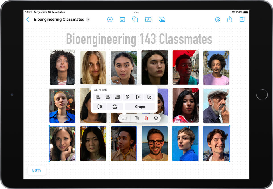 Quadro do Freeform preenchido com uma grade de fotos. Uma fileira de fotos está selecionada e as ferramentas de alinhamento e agrupamento estão visíveis.