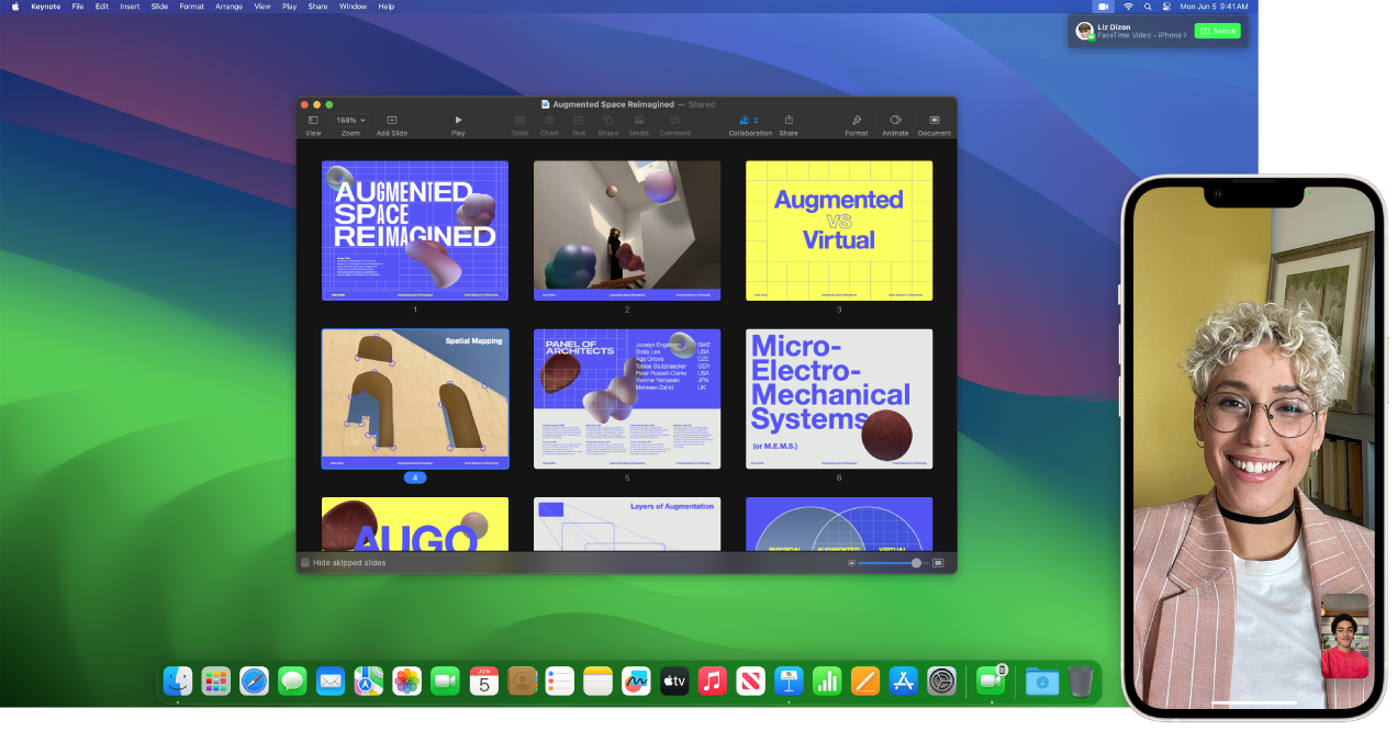 Ligação do FaceTime em um iPhone ao lado de um Mac com uma janela do Keynote aberta. No canto superior direito do Mac há um botão para transferir a ligação do FaceTime para o Mac.