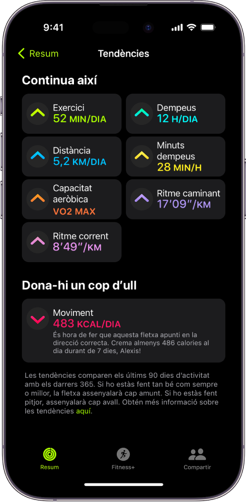 La pestanya “Tendències” de l’app Activitat a l’iPhone. Apareixen uns quants mesuraments a sota de la capçalera “Tendències” prop de la part superior de la pantalla. Els mesuraments inclouen Exercici, Dempeus, Distància i més. El paràmetre Moviment apareix a sota de l’apartat “Dona-hi un cop d’ull”.