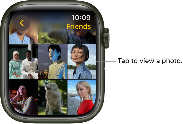 The main screen of the Photos app on Apple Watch, with several photos displayed in a grid.