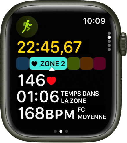 Exercice de course en cours indiquant son temps écoulé, la zone dans laquelle vous vous trouvez, votre fréquence cardiaque, le temps dans la zone et la fréquence cardiaque moyenne.