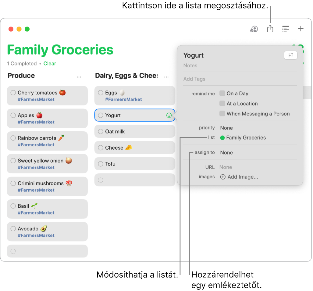 Az Emlékeztetők app ablaka, amelyben egy emlékeztető részei láthatók egy megosztott bevásárlólistában.