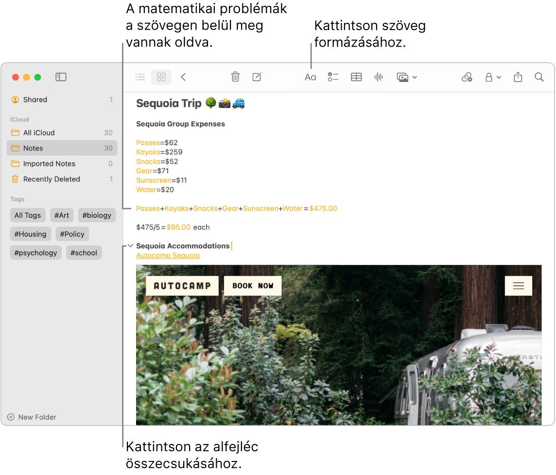 A Jegyzetel app ablaka számításokkal a sequoiai tábor kiadásairól, egy szöveges linkkel egy weboldalra és egy képpel a szállásról.