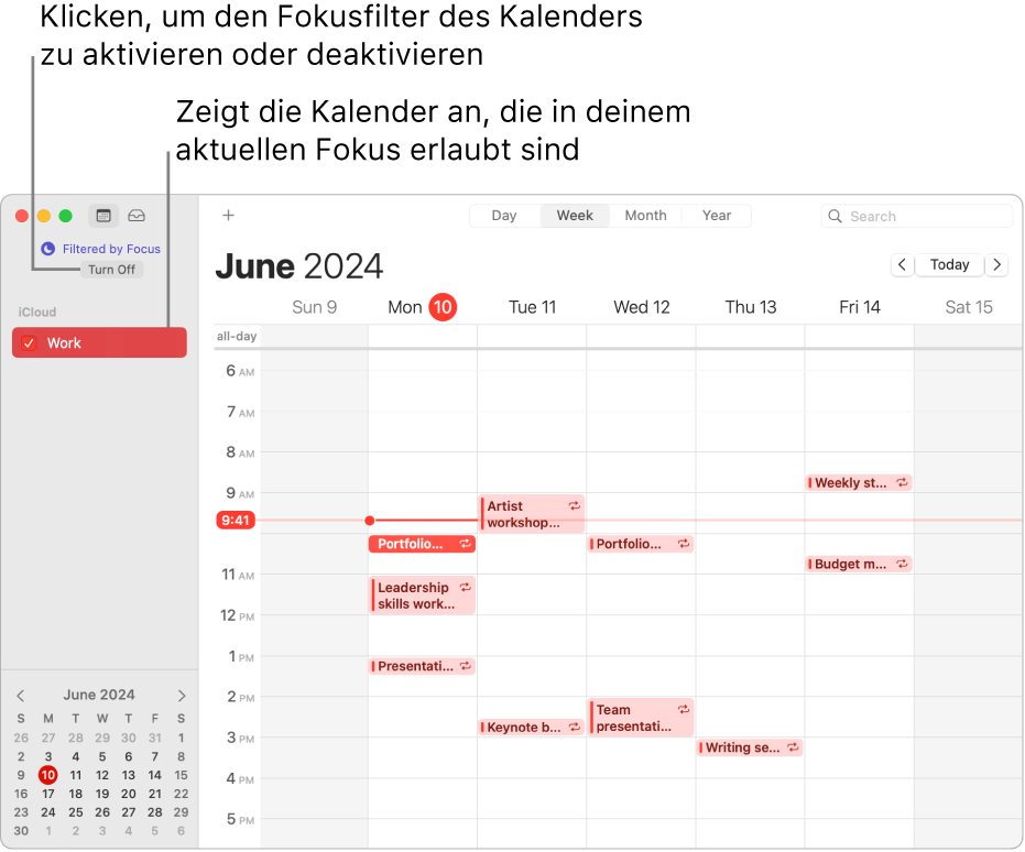 Ein Kalenderfenster in der Wochenansicht zeigt nur den Kalender „Arbeit“ an, nachdem der Fokus „Arbeit“ aktiviert wurde.