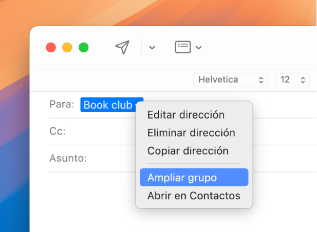 Un correo electrónico en Mail que muestra una lista en el campo Para y el menú desplegable que muestra el comando “Ampliar grupo” seleccionado.