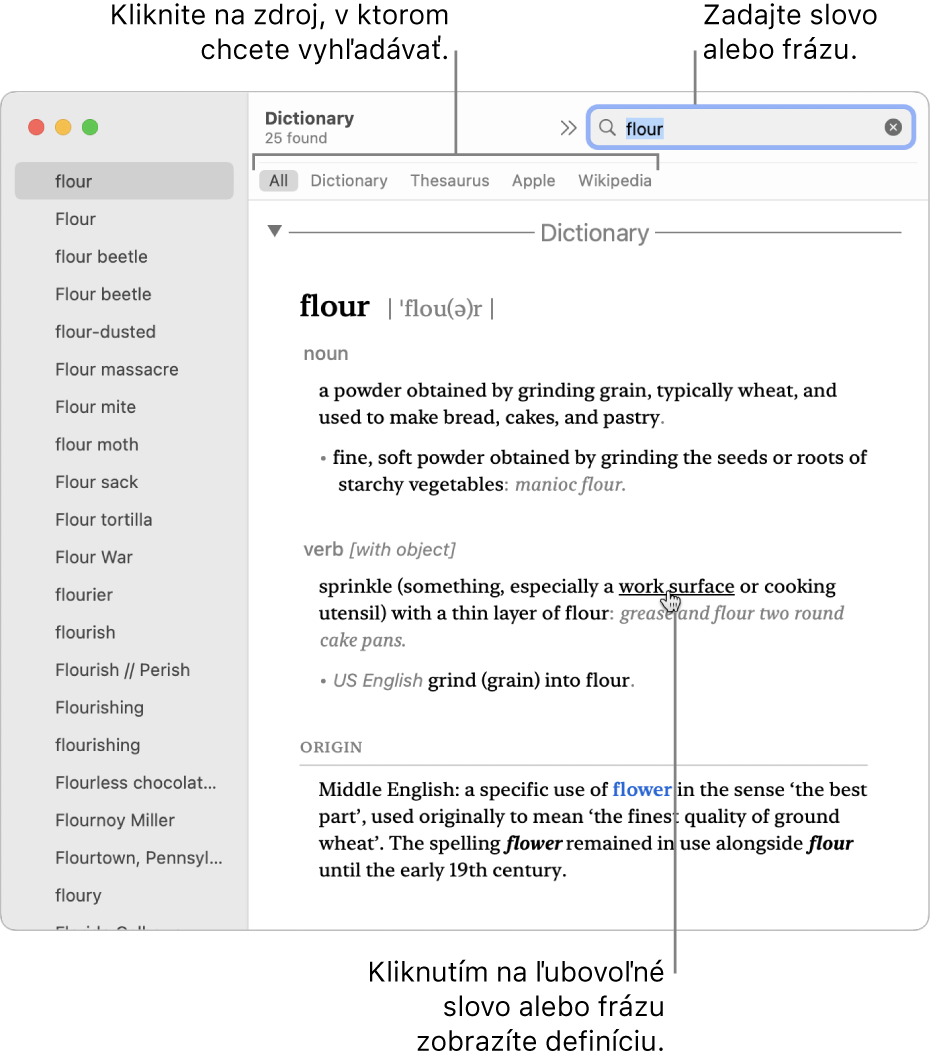 V samostatnom okne Slovníka sa zobrazí definícia. Kliknutím na ľubovoľné slovo alebo frázu v definícii zobrazíte danú definíciu. Ak chcete vybrať zdroj vyhľadávania, kliknite na jeho názov v lište zdroja umiestnenej pod panelom s nástrojmi. Do vyhľadávacieho poľa zadajte slovo alebo frázu.