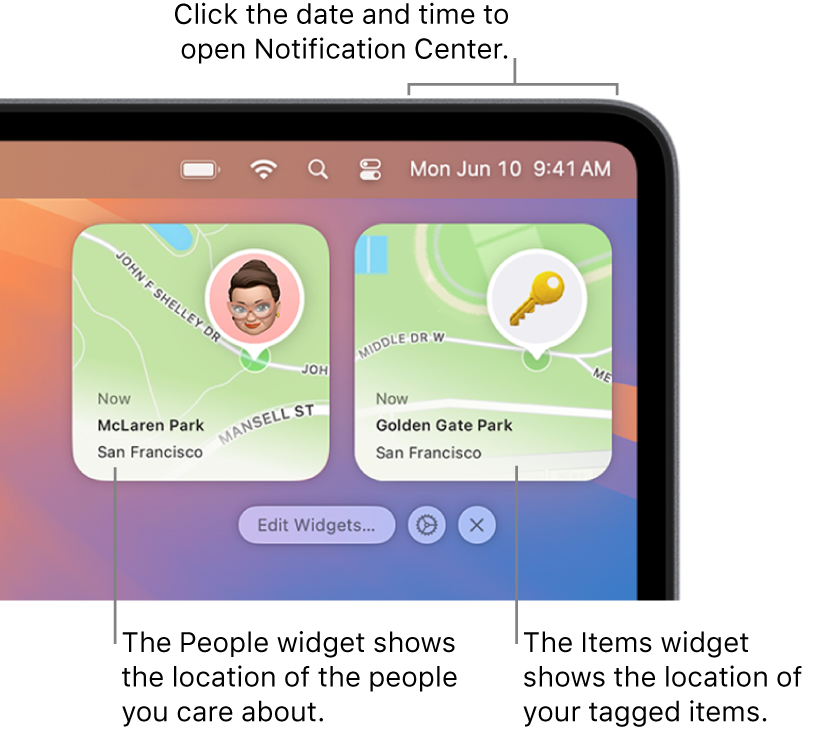 Two Find My widgets—a People widget showing the location of a person, and the Items widget showing the location of a key. Click the date and time in the menu bar to open Notification Center.