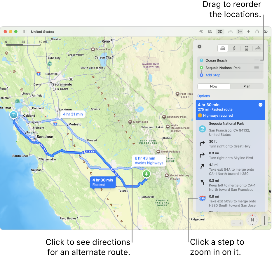 A map of the San Francisco area with directions for a driving route between two locations. Alternate routes are also shown on the map.