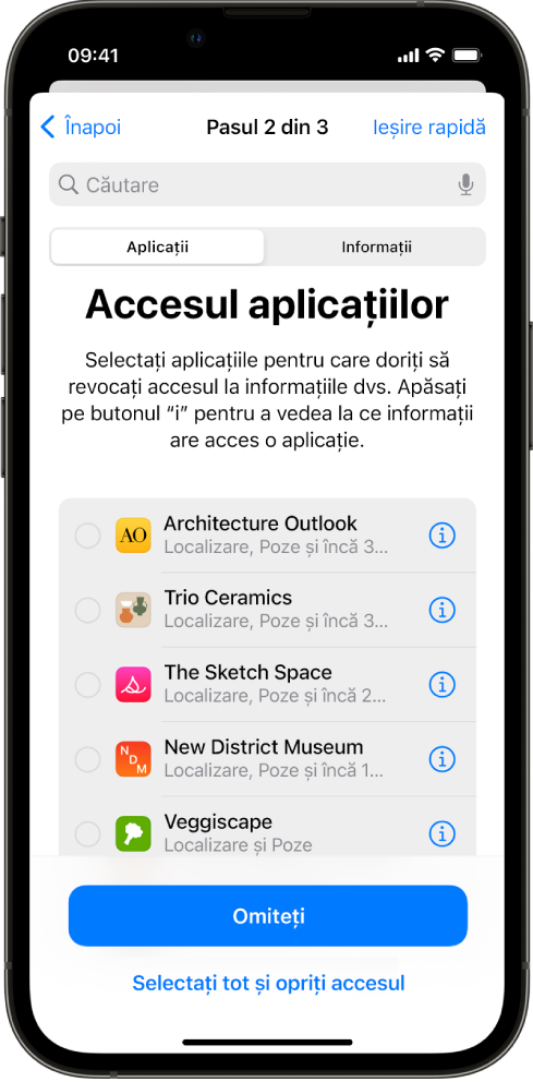 Un ecran Verificarea informațiilor afișând informațiile partajate cu anumite aplicații.