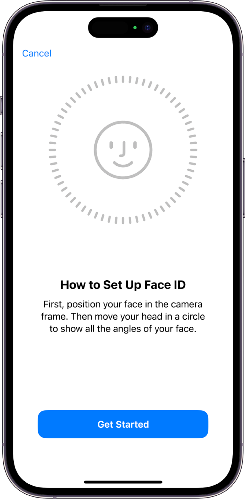 The Face ID recognition setup screen. A face is showing on the screen, enclosed in a circle. Text below that instructs the user to move their head slowly to complete the circle. A button for Accessibility Options appears near the bottom of the screen.