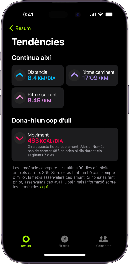 La pantalla “Tendències” de l’app Fitnes mostra els mesuraments de distància, ritme caminant, ritme corrent i calories actives cremades.