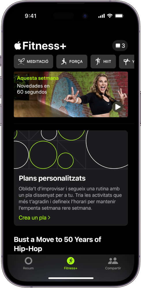 La pantalla de l’Apple Fitness+ mostra els diferents tipus d’entrenaments disponibles i una zona en què pots elaborar el teu pla personalitzat.