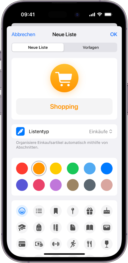 Der Bildschirm zum Erstellen einer neuen Liste in „Erinnerungen“. Du kannst Namen, Listentyp, Farbe und Symbol anpassen.