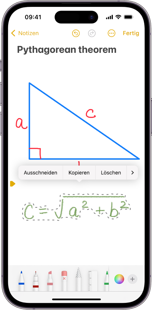 Eine Notiz mit einer handgeschriebenen Gleichung ist ausgewählt. Über der Auswahl befindet sich ein Menü zum Ausschneiden, Kopieren, Löschen und mehr.