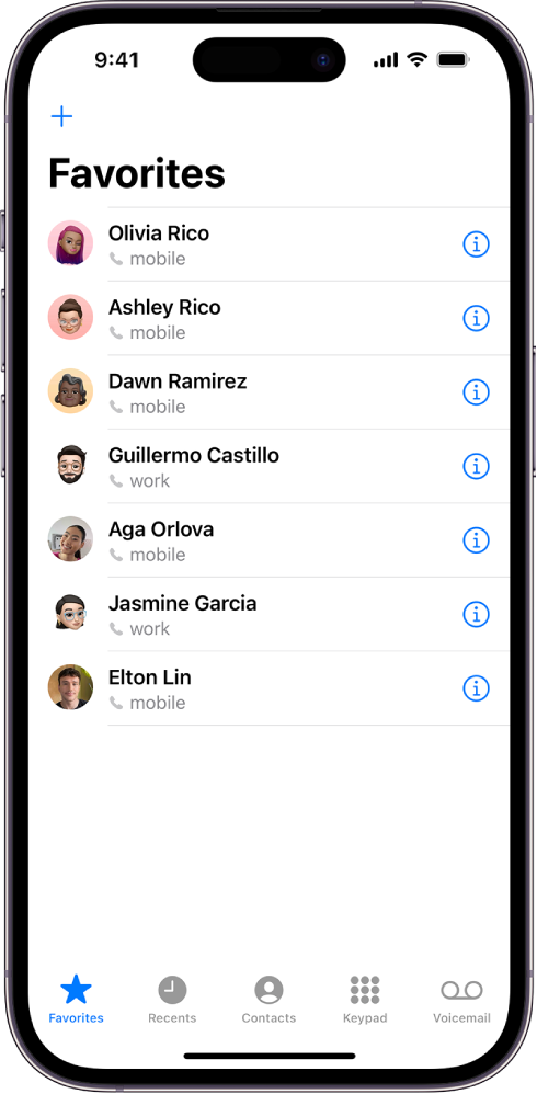 The Favorites screen in the Contacts app; six contacts are listed as favorites.