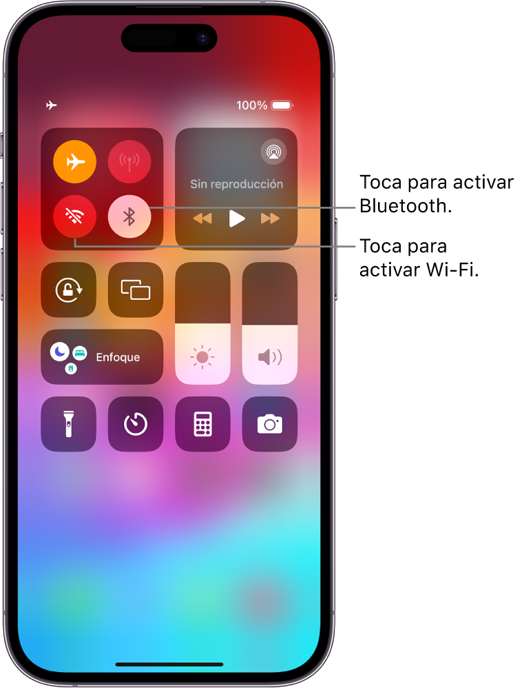 El centro de control con el modo de vuelo activado, mostrando que Wi-Fi y Bluetooth están desactivados. Los botones para activar Wi-Fi y Bluetooth están cerca de la esquina superior derecha del centro de control.