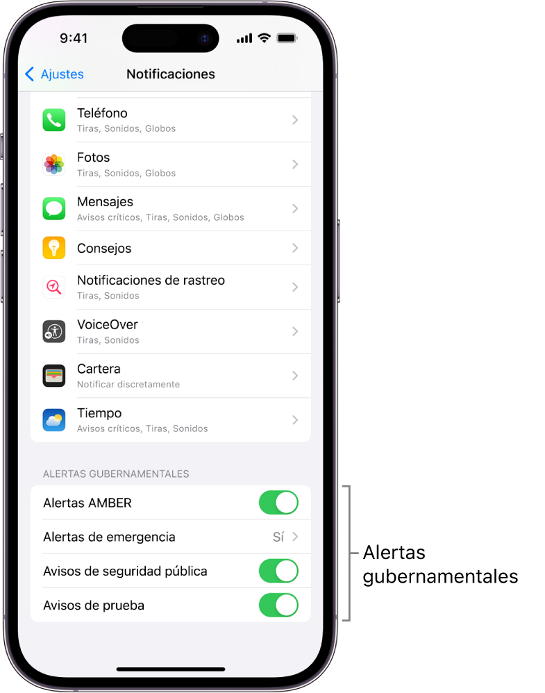 Pantalla Notificaciones con las alertas gubernamentales que puedes activar para recibirlas.