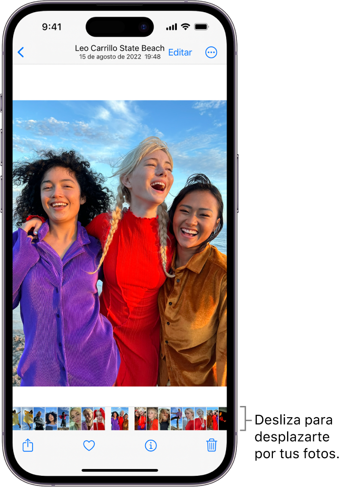 Foto con miniaturas de otras fotos en la parte inferior de la pantalla. Arriba a la izquierda hay un botón de retroceder, que te lleva a la visualización en la que estabas explorando. Abajo están los botones Compartir, “Me gusta” y Eliminar. En la parte superior derecha está el botón Editar.