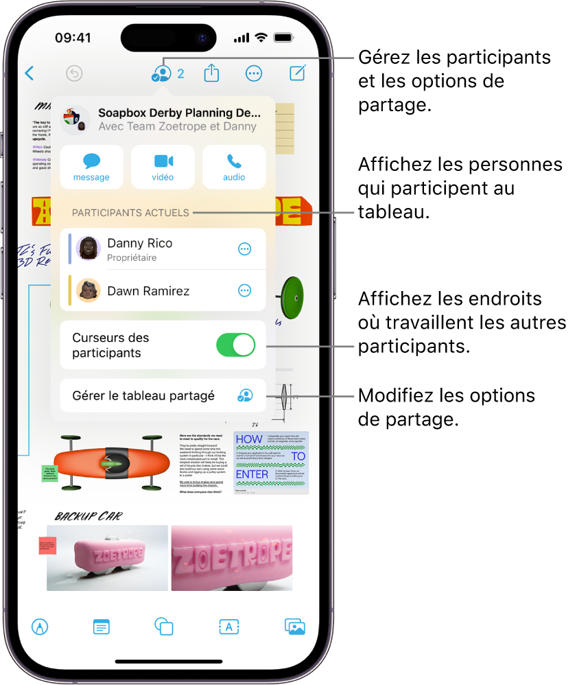 Un tableau Freeform partagé sur iPhone avec le menu de collaboration ouvert.