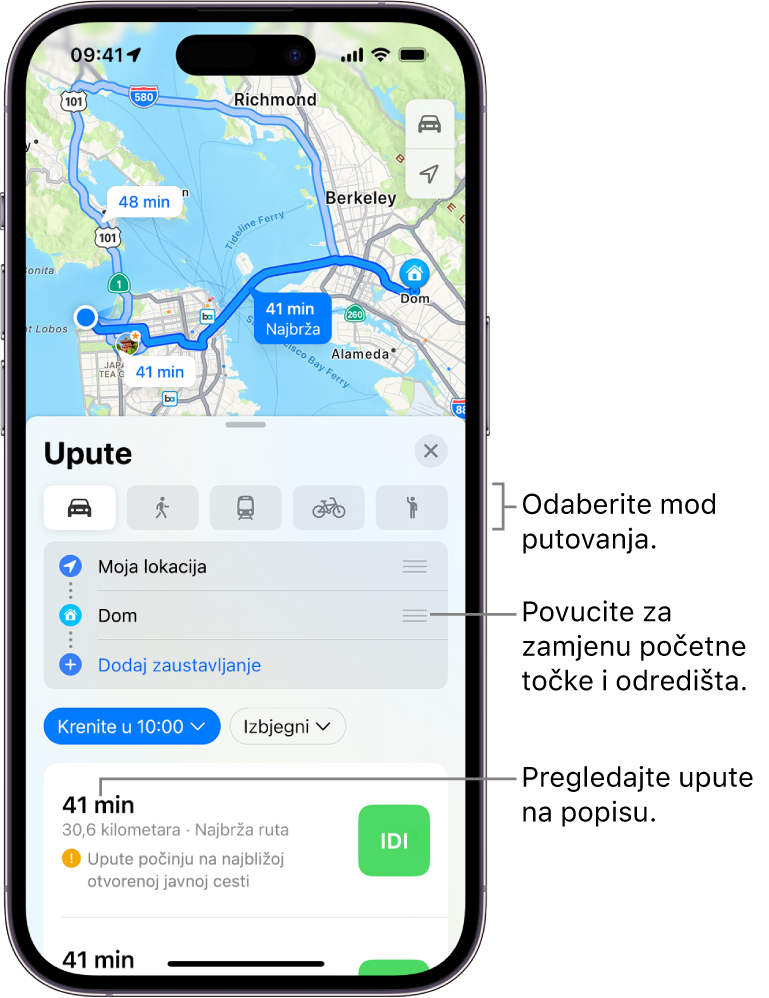 Karta koja prikazuje više ruta vožnje između dvije lokacije, s opcijama za odabir drugih načina putovanja, zamjenu polazišta i odredišta te prikaz uputa na popisu.
