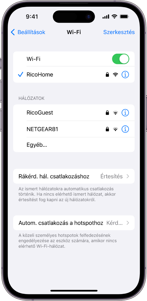 A Wi-Fi-beállítások képernyője a Beállításokban. A Wi-Fi be van kapcsolva, és egy hálózat ki van választva.