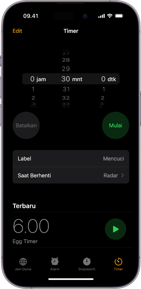 Layar untuk menambahkan timer, dengan pengaturan untuk mengatur timer, dan tombol untuk memulai timer yang baru dibuat.