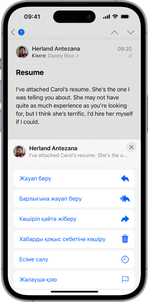 Жауап опцияларын көрсетіп тұрған электрондық пошта хабары. Экранның ортасында солдан оңға қарай — «Жауап беру», «Барлығына жауап беру», «Көшіріп қайта жіберу» және «Қоқыс себеті».