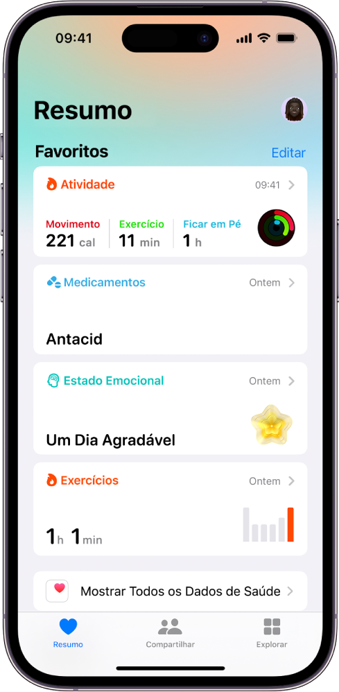 Tela Resumo no app Saúde. Informações sobre atividades, medicamentos, estado emocional e exercícios aparecem na seção Favoritos.