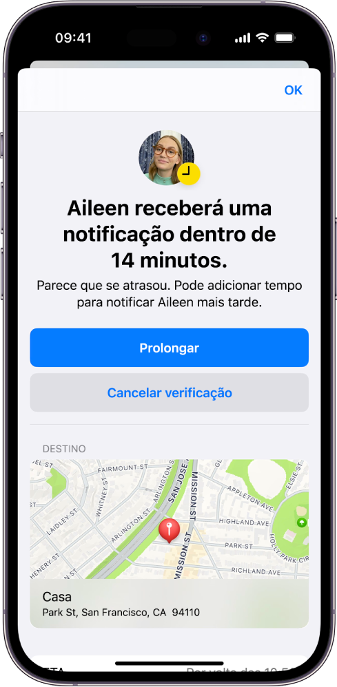 Um ecrã Verificação a mostrar que um amigo será notificado dentro de 14 minutos. Por baixo estão opções para prolongar o tempo ou cancelar a verificação. Na parte inferior está um mapa com a localização atual.