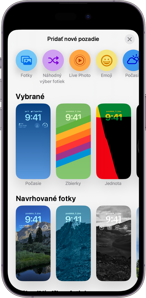 Na obrazovke Pridať nové pozadie sa zobrazuje galéria rôznych pozadí na prispôsobenie zamknutej obrazovky iPhonu.