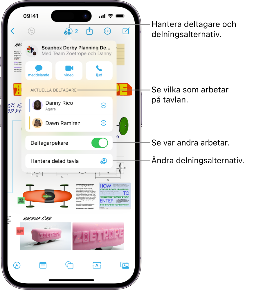 En delad Freeform-tavla på en iPhone med samarbetsmenyn öppen.