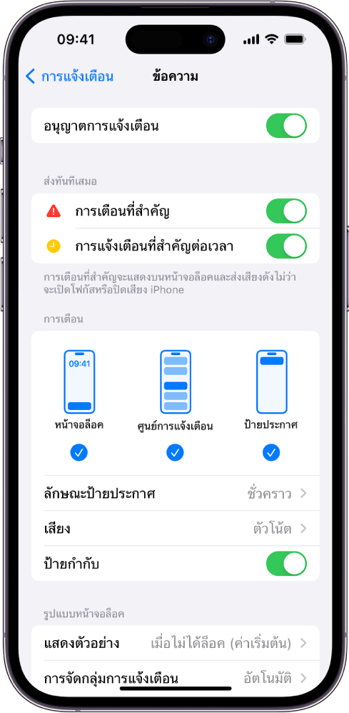 iPhone ที่มีการตั้งค่าข้อความสำหรับการแจ้งเตือนและการเตือน