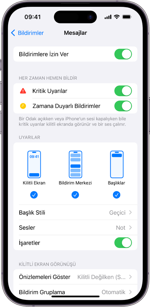 Bildirimler ve uyarılar için Mesajlar ayarları ile iPhone.