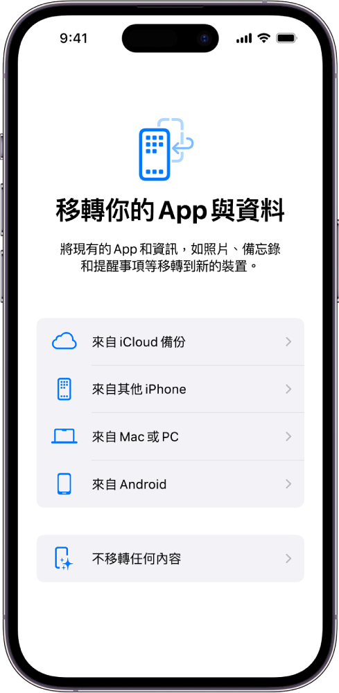 設定畫面，提供的選項包含從 iCloud 備份、另一部 iPhone、Mac 或 PC、Android 裝置移轉 App 和資料，或是不移轉任何內容。