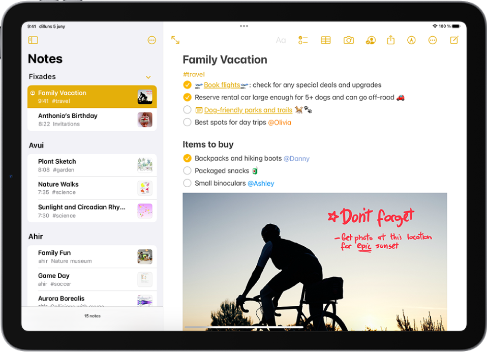 Una nota en què es mostra una llista de tasques pendents abans d’un viatge en família. La nota conté un enllaç a una pàgina web, un enllaç a una altra nota, una llista d’ítems per comprar i una foto a la part inferior.
