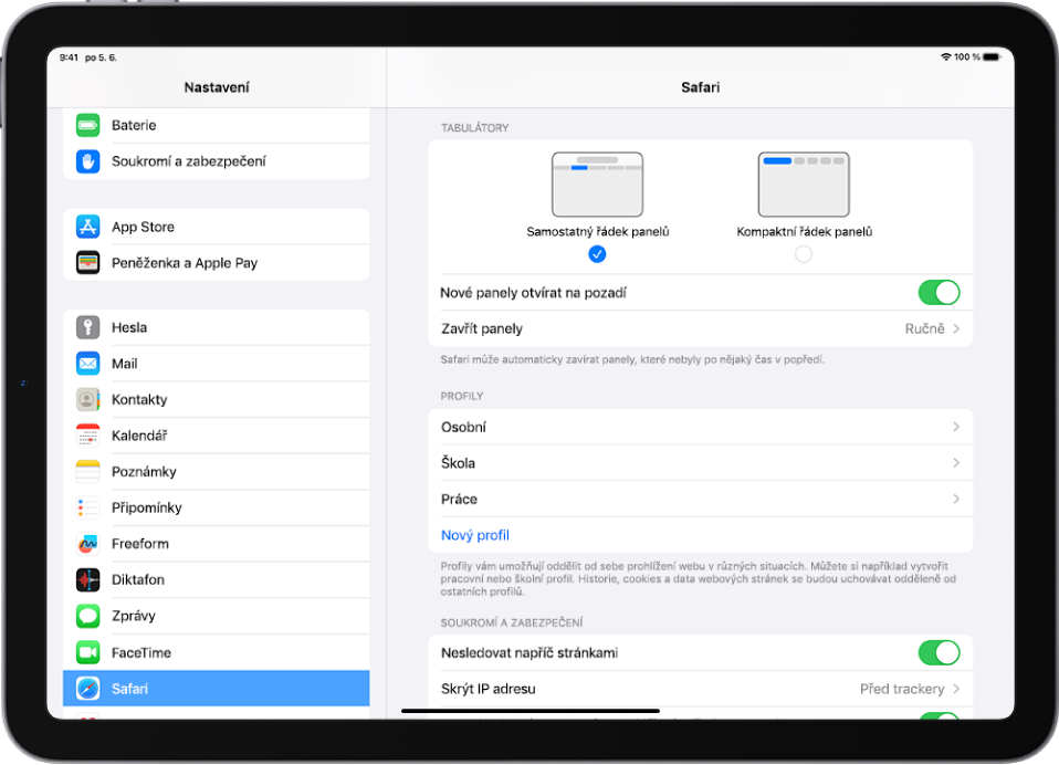 Oddíl Safari v aplikaci Nastavení. V oddílu Panely jsou vidět volby Samostatný řádek panelů a Kompaktní řádek panelů.