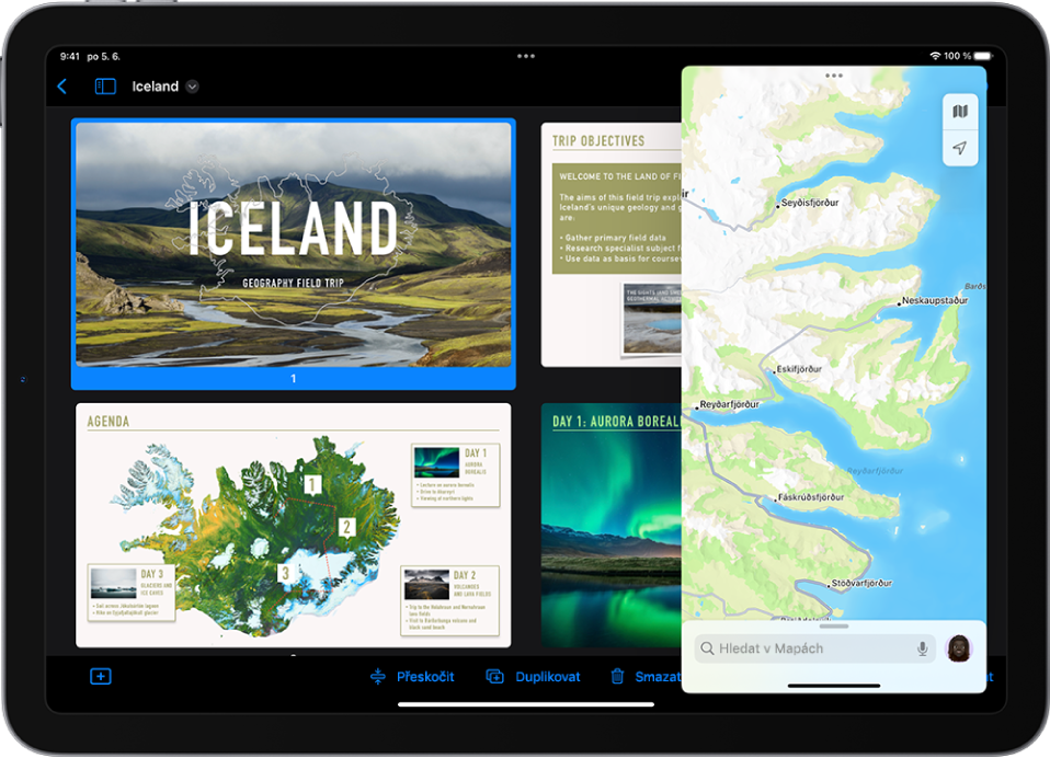 Obrazovku vyplňuje aplikace Keynote. Na pravé straně je v okně Slide Over otevřená aplikace Mapy.