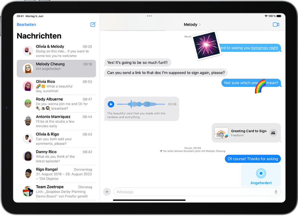 Eine Konversation mit iMessage-Funktionen in der App „Nachrichten“.