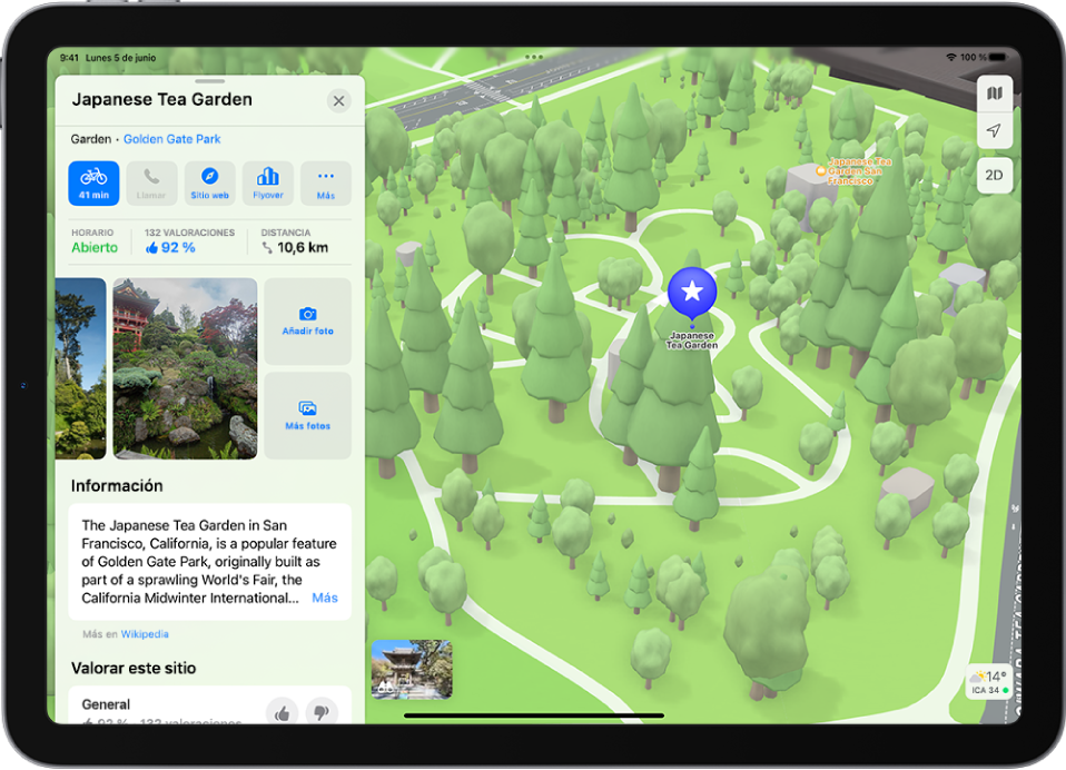 iPad con una tarjeta de información de los sitios con la valoración general de un sitio, fotos y botones para añadir o buscar fotos, o valorar el sitio.