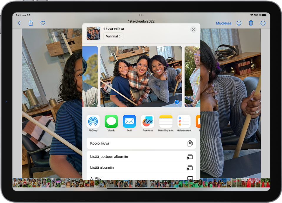 Kuvat-apissa on avoinna kuva, ja jakovalinnat näkyvät näytön keskellä.