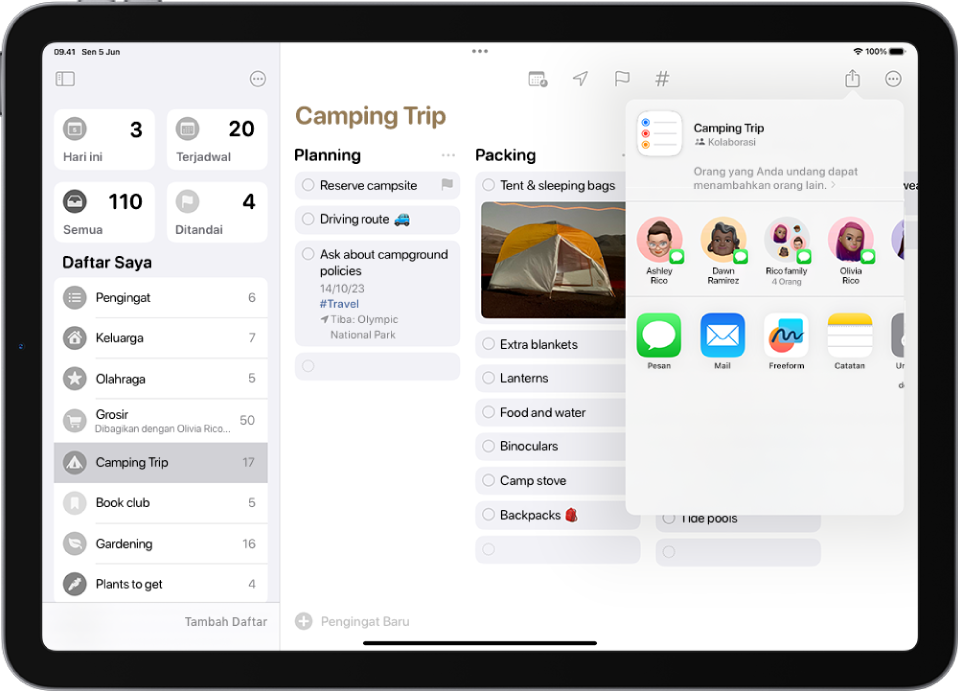Layar Pengingat menampilkan daftar. Pilihan untuk berbagi daftar berada di sebelah kanan.