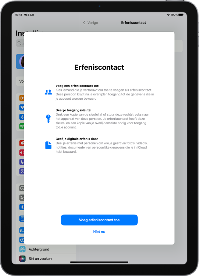 Het scherm 'Erfeniscontact' met informatie over de functie. Onderin zie je de knop 'Voeg erfeniscontact toe'.