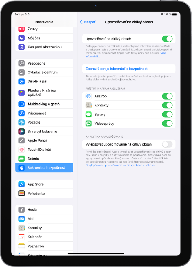 Nastavenia upozornení na citlivý obsah s odkazom „Zobraziť zdroje informácií o bezpečnosti“ a tlačidlom „Vylepšovanie upozorňovania na citlivý obsah“ na zdieľanie analytických údajov a údajov o používaní so spoločnosťou Apple.