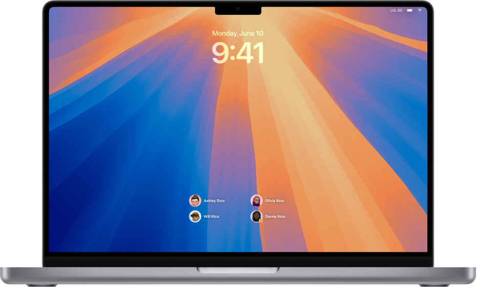 Le bureau d’un Mac affichant l’écran verrouillé avec quatre comptes d’utilisateur indiqués en bas.