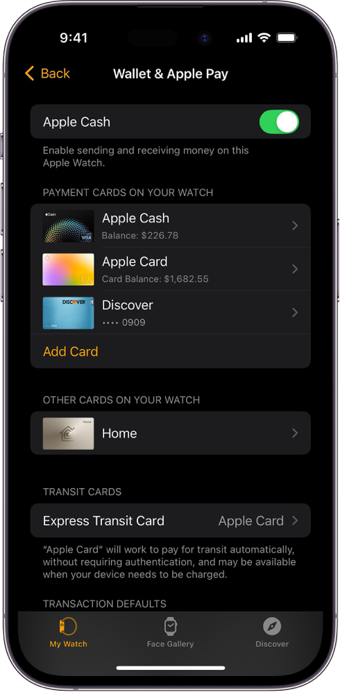 Ein iPhone-Bildschirm zeigt die Einstellungen für „Wallet & Apple Pay“ in der Apple Watch-App.