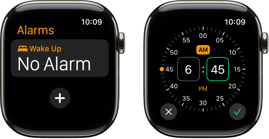 Two watch screens showing the process for adding an alarm: Tap Add Alarm, tap AM or PM, turn Digital Crown to adjust the time, then tap the check button.