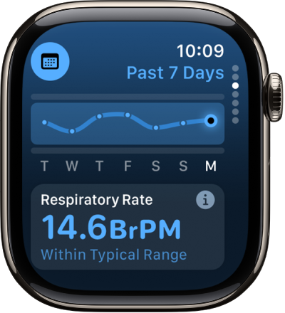 Écran de l’app Signes vitaux montrant, en bas, la fréquence respiratoire pour la nuit passée. En haut se trouve un graphique suivant la fréquence respiratoire pour les sept derniers jours.