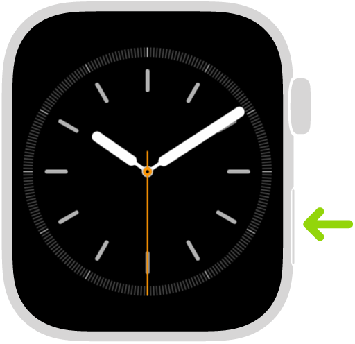 Afbeelding van een Apple Watch met een pijl die naar de zijknop rechtsonderaan wijst.