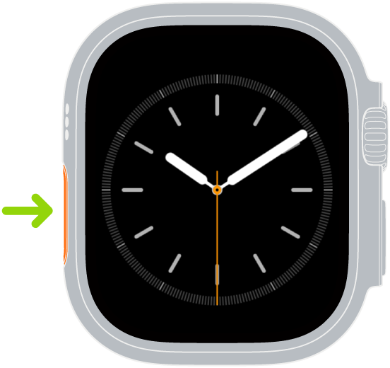 Afbeelding van een Apple Watch Ultra met een pijl die naar de actieknop aan de linkerkant wijst.